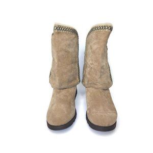 Muk Luks Tan Mid Calf Faux Suede Women's Kathleen Sweater Knit Boot Size 10